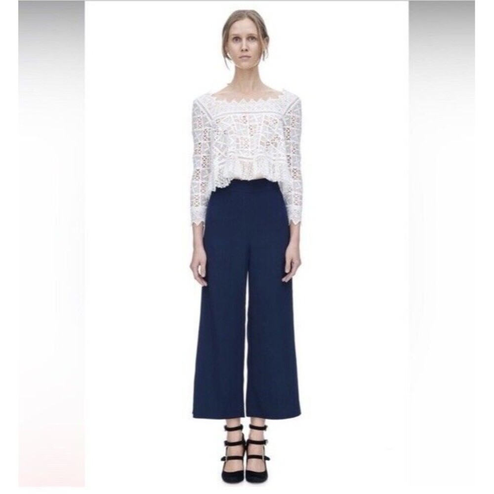 Rebecca Taylor Sateen Navy Trouser Chino Cropped Wide Leg Casual Coastal Size 10